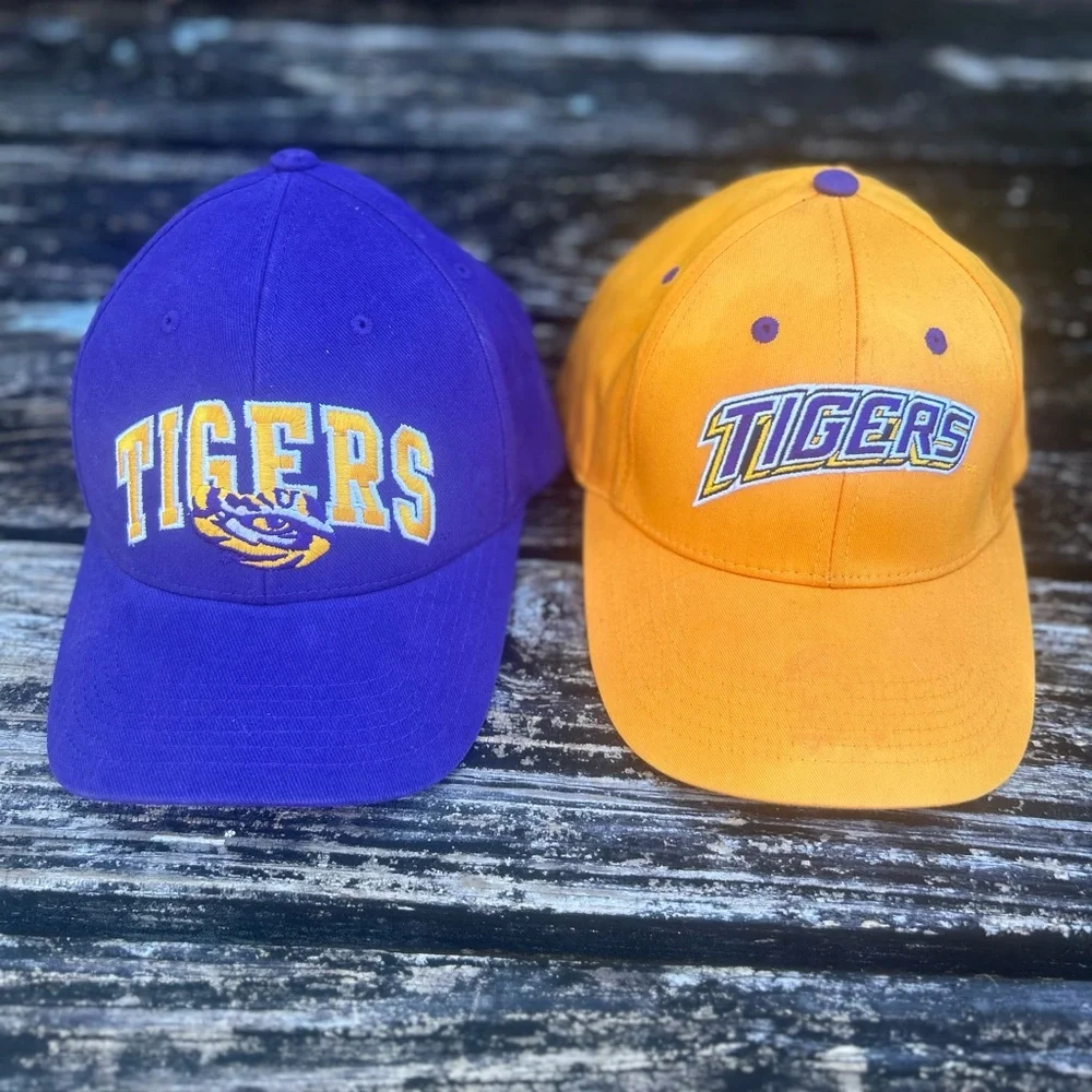 Pair (2) of Captivating Headwear LSU Tigers Adjustable Baseball Hats Purple Gold